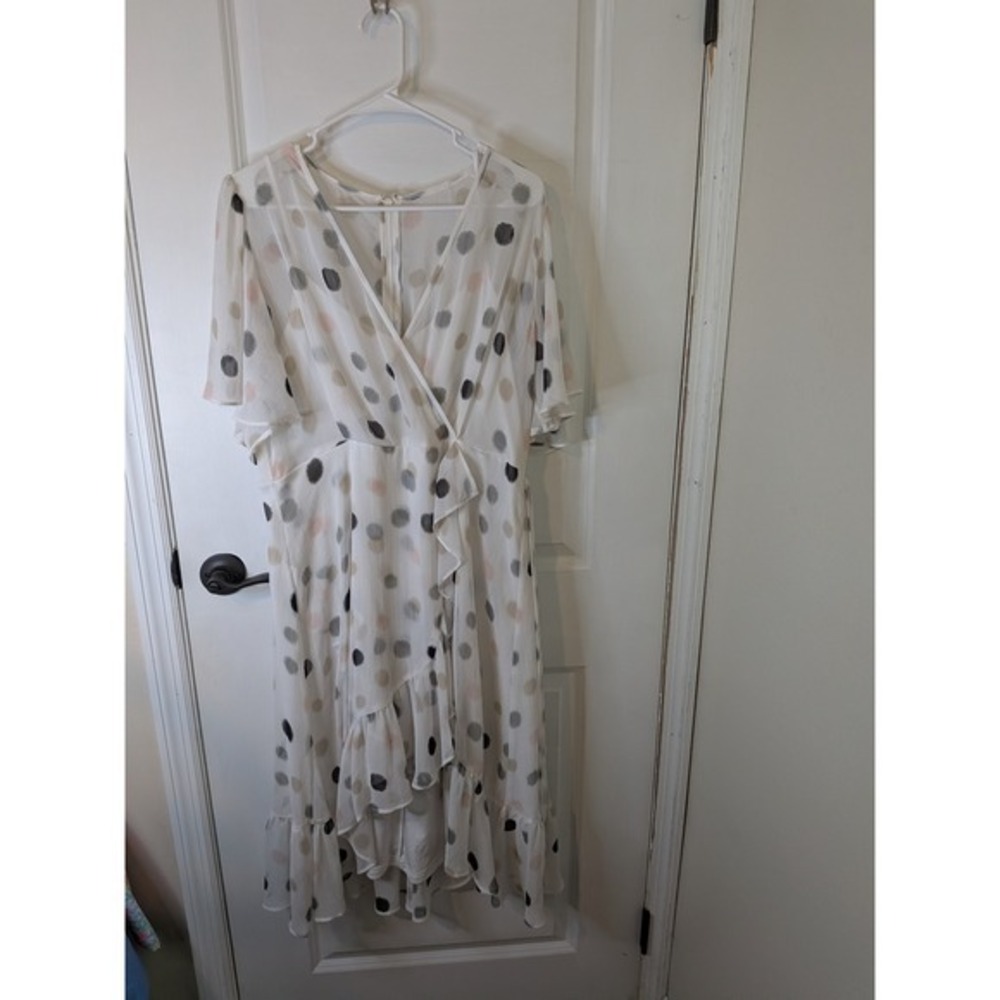 White Polka Dot Ruffle Faux Wrap Midi Dress V-Neck Flutter Sleeve High-Low Hem